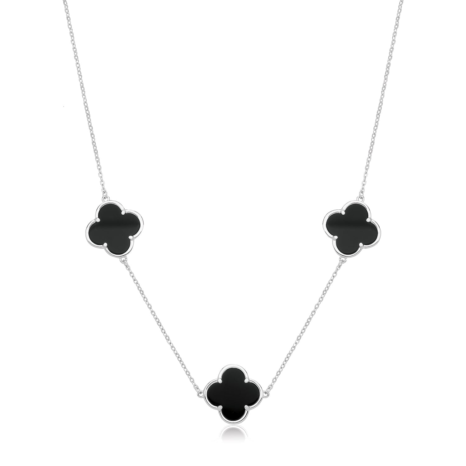 Vintage Prague Onyx Clover Necklace - Rhodium Plated Silver