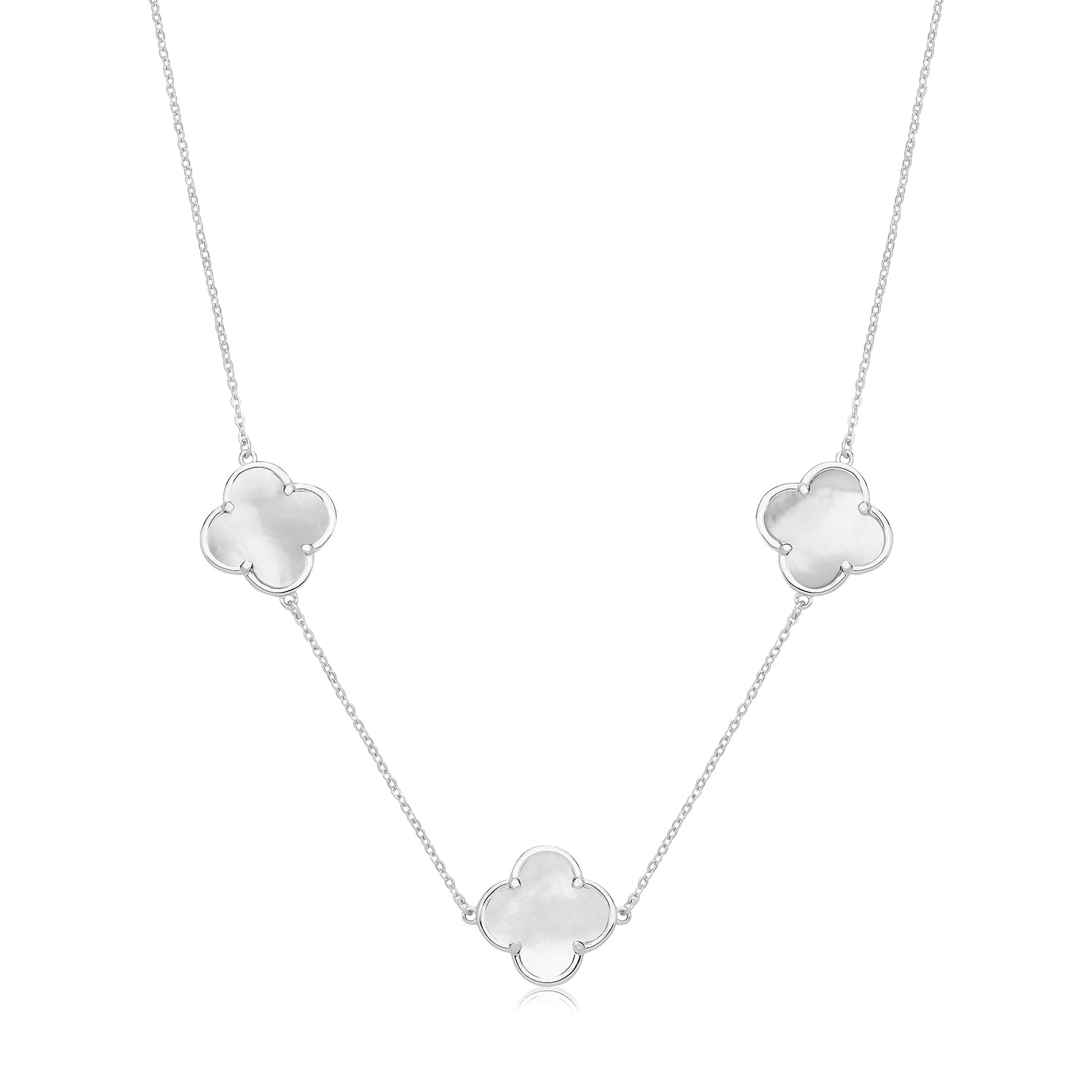 Vintage Prague Mother-of-Pearl Clover Necklace - Rhodium Plated Silver