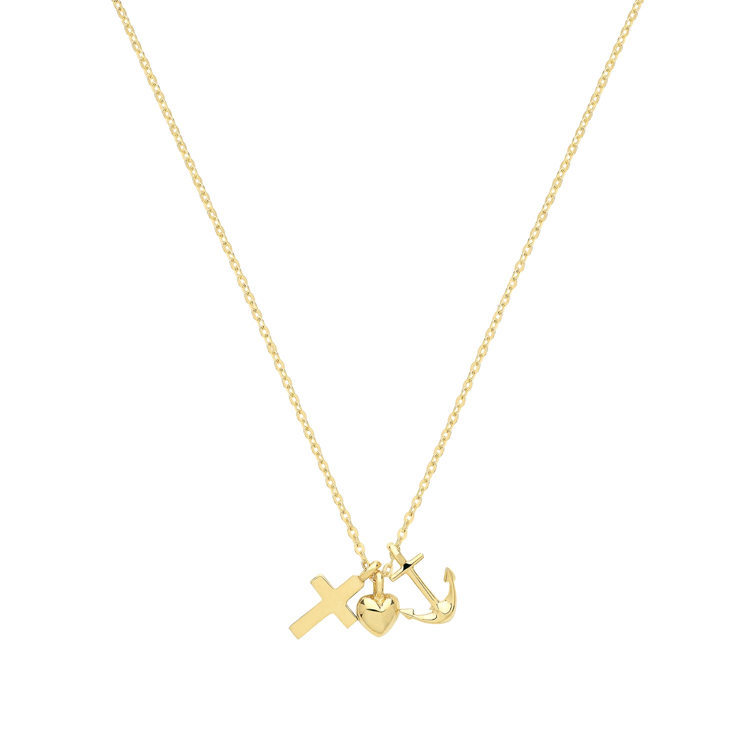 Cherish Heart, Cross and Anchor Necklace - 9k Yellow Gold