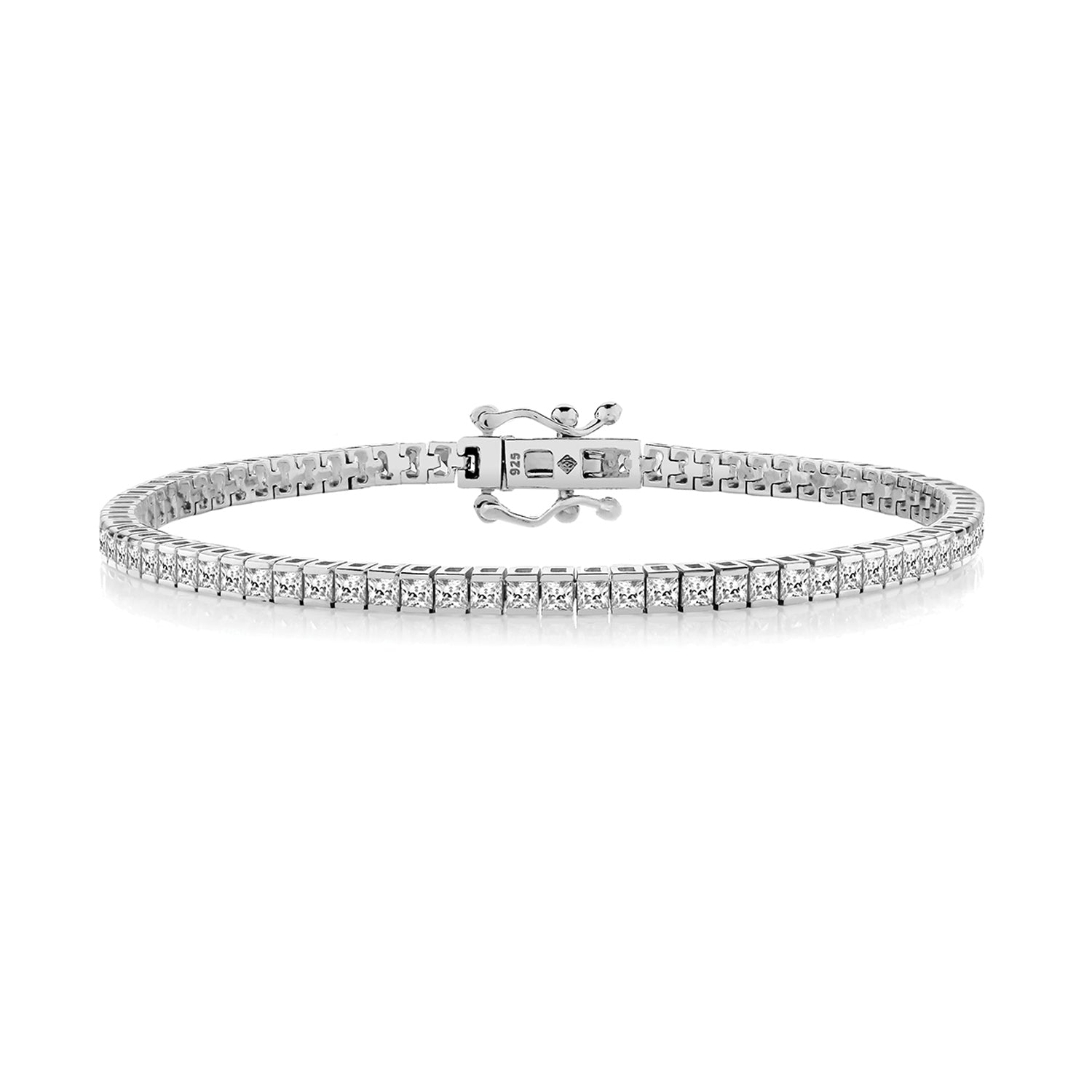 Square Set Cubic Zirconia 2mm Tennis Bracelet - Rhodium Plated Silver