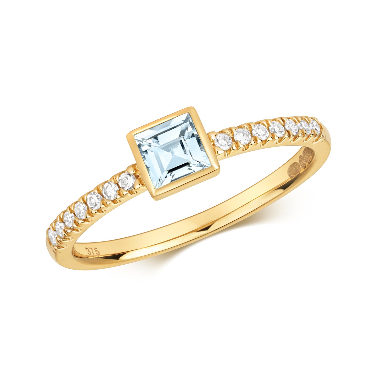 Devon Princess Cut Aquamarine & Diamond Ring - 9k Yellow Gold