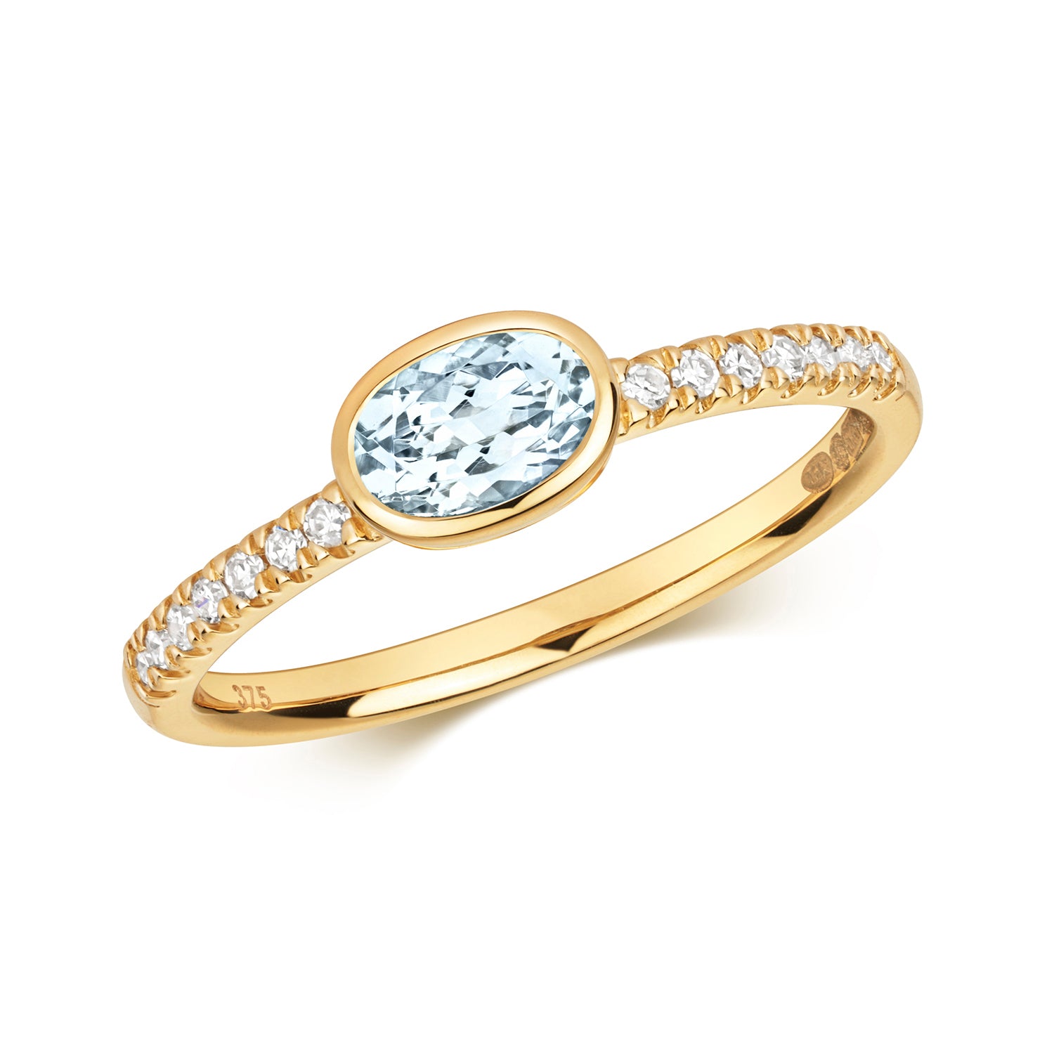 East to West Oval Aquamarine and Diamond Ring - 9k Yellow Gold