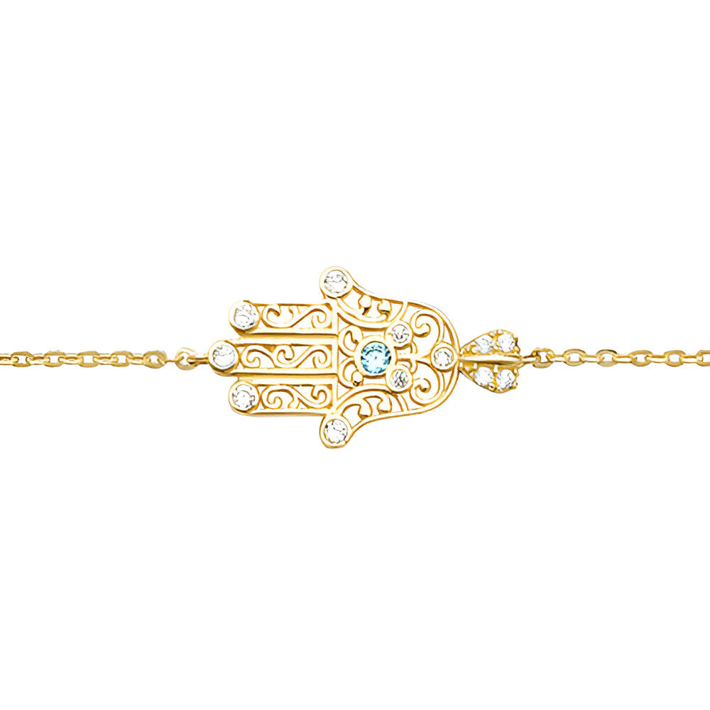 Hamsa Hand Bracelet with Cubic Zirconia - 9k Yellow Gold