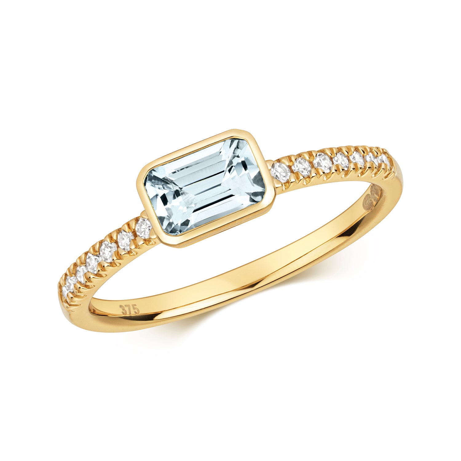 East to West Aquamarine and Diamond Ring - 9k Yellow Gold