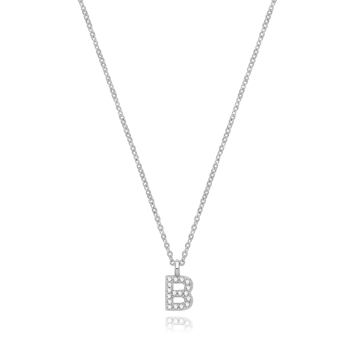 Initial Letter B Zirconia Necklace – Rhodium Plated Silver