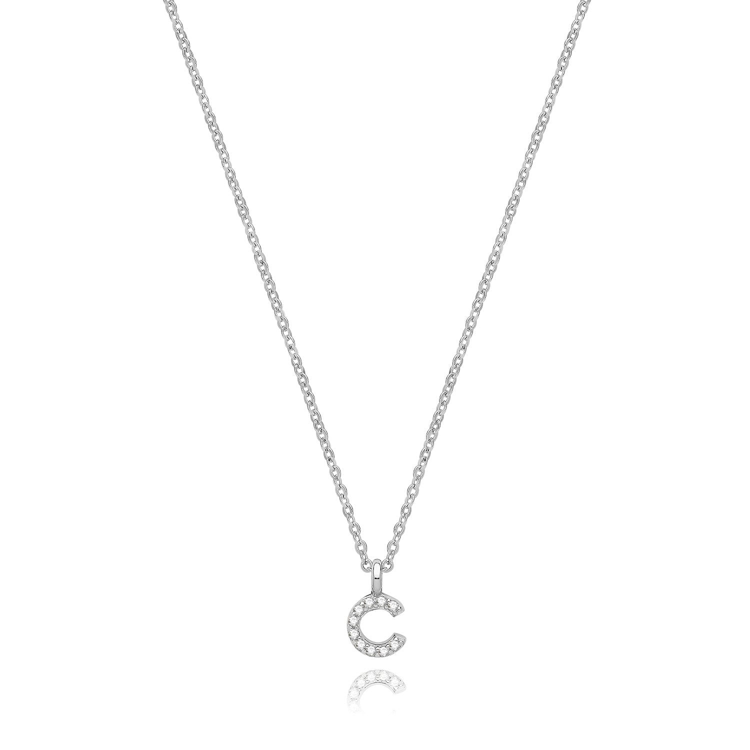 Initial Letter C Zirconia Necklace – Rhodium Plated Silver