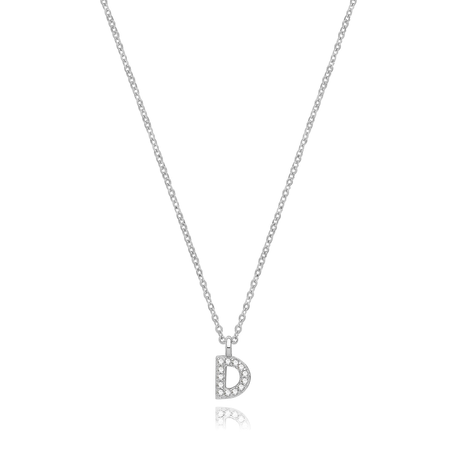 Initial Letter D Zirconia Necklace – Rhodium Plated Silver