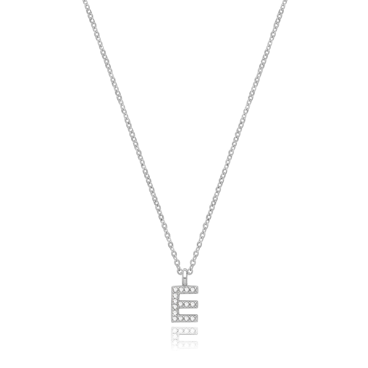 Initial Letter E Zirconia Necklace – Rhodium Plated Silver