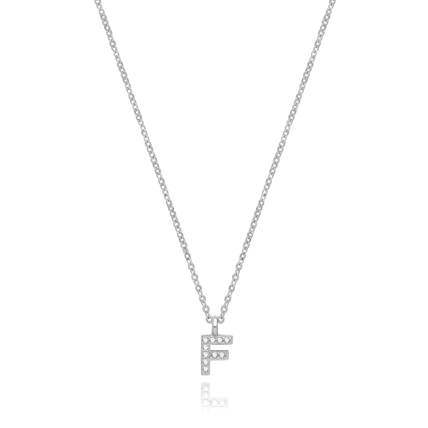 Initial Letter F Zirconia Necklace – Rhodium Plated Silver