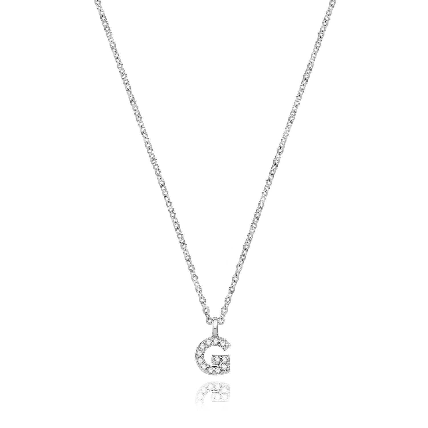 Initial Letter G Zirconia Necklace – Rhodium Plated Silver