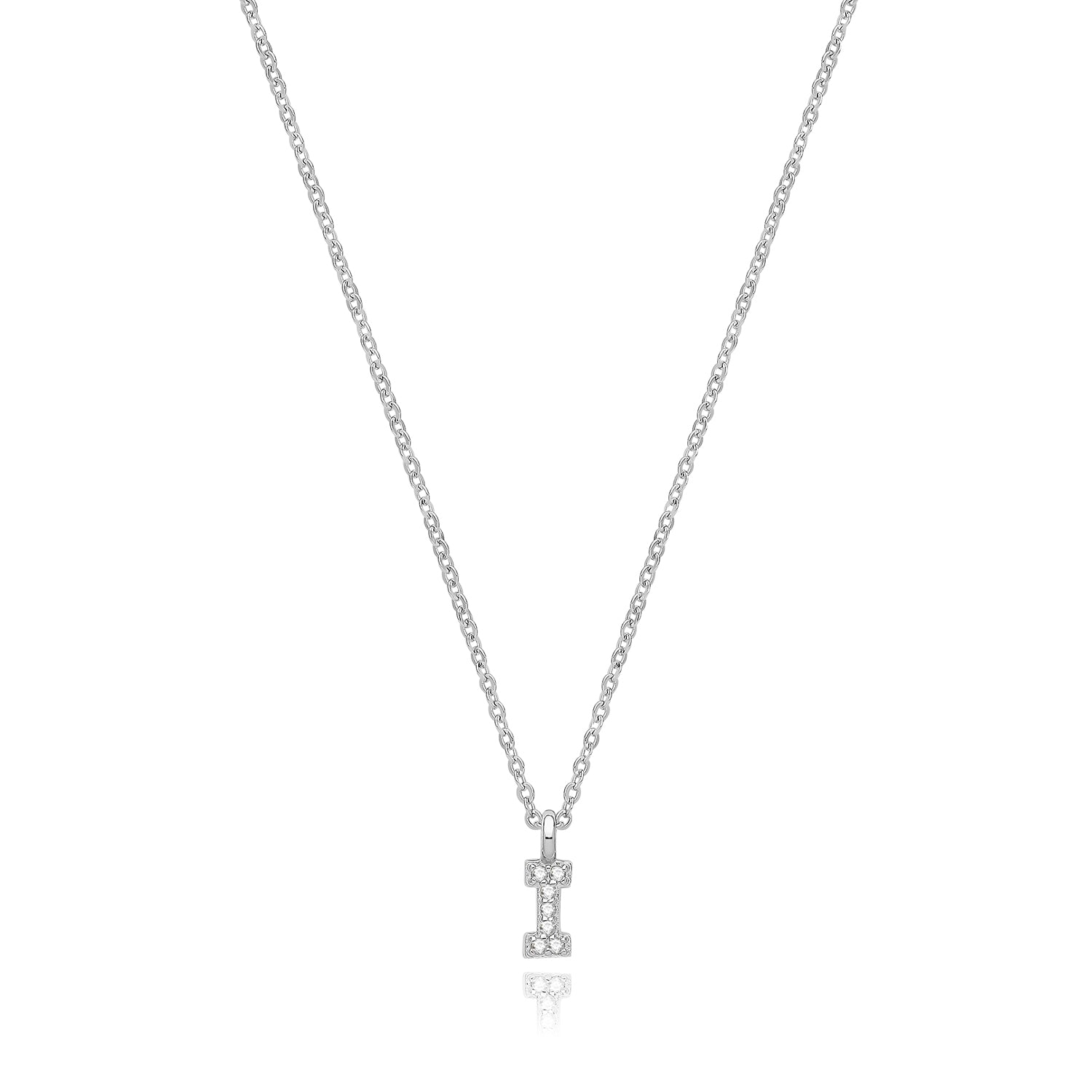 Initial Letter I Zirconia Necklace – Rhodium Plated Silver
