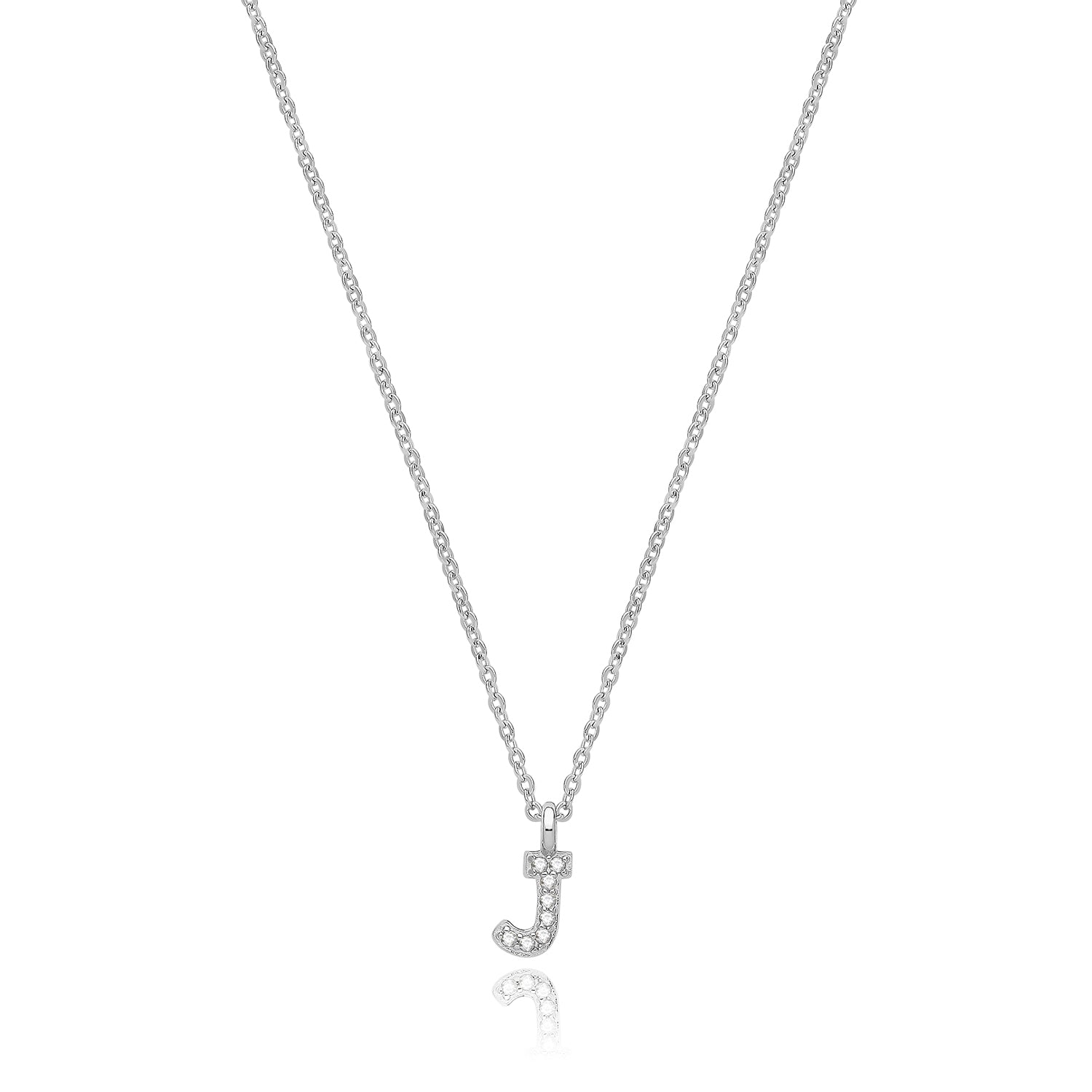 Initial Letter J Zirconia Necklace – Rhodium Plated Silver