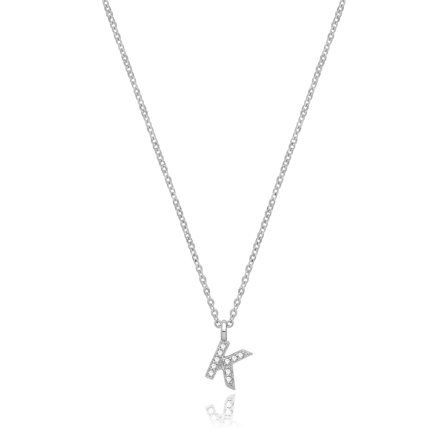 Initial Letter K Zirconia Necklace – Rhodium Plated Silver