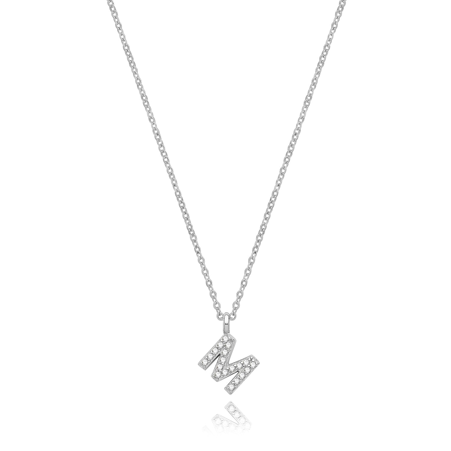 Initial Letter M Zirconia Necklace – Rhodium Plated Silver