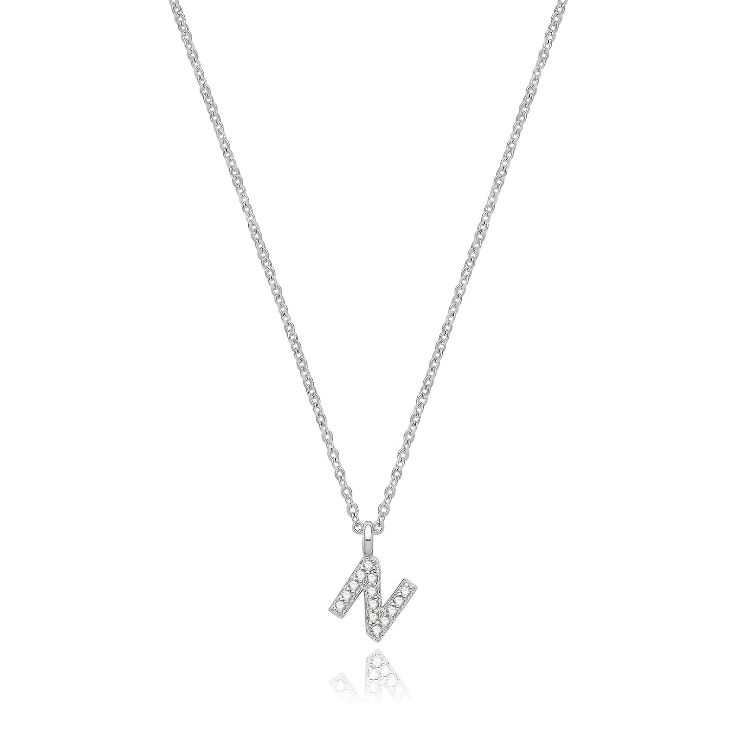 Initial Letter N Zirconia Necklace – Rhodium Plated Silver