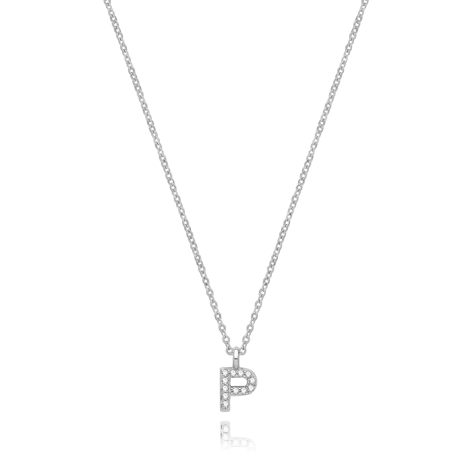 Initial Letter P Zirconia Necklace – Rhodium Plated Silver