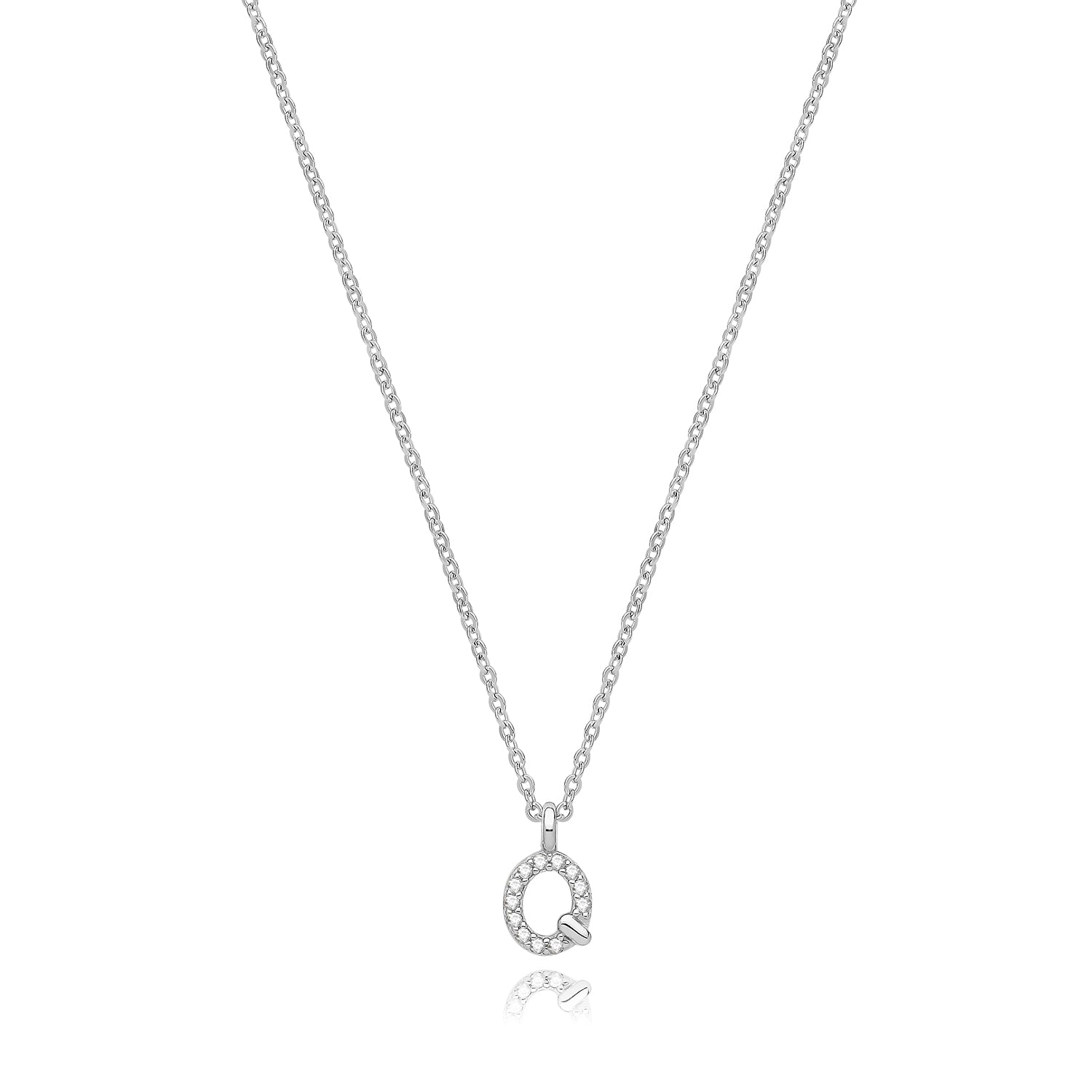 Initial Letter Q Zirconia Necklace – Rhodium Plated Silver