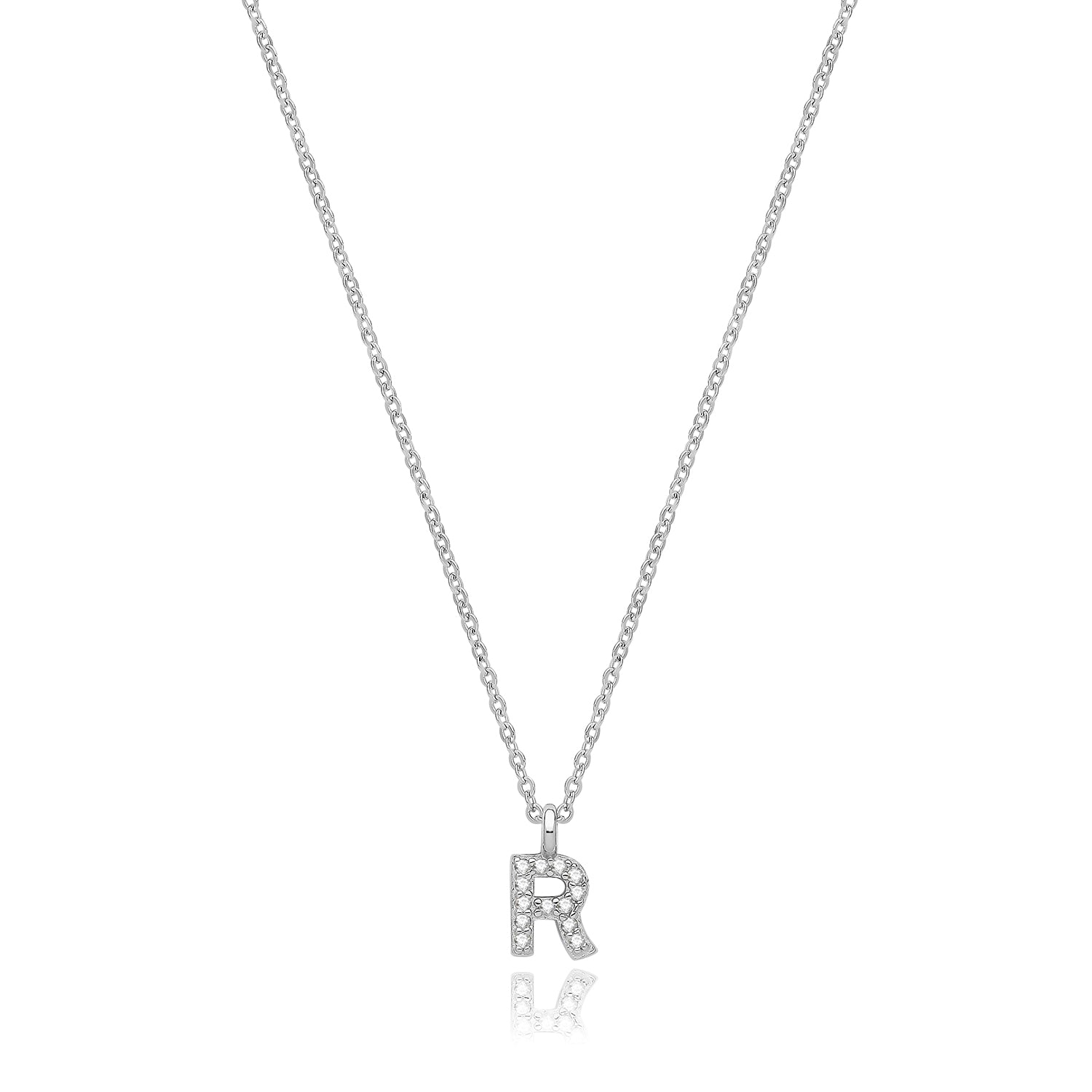 Initial Letter R Zirconia Necklace – Rhodium Plated Silver