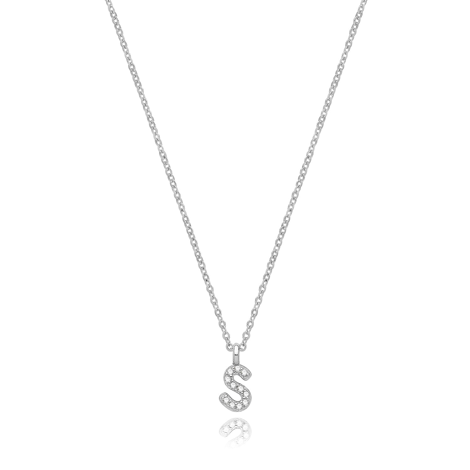 Initial Letter S Zirconia Necklace – Rhodium Plated Silver