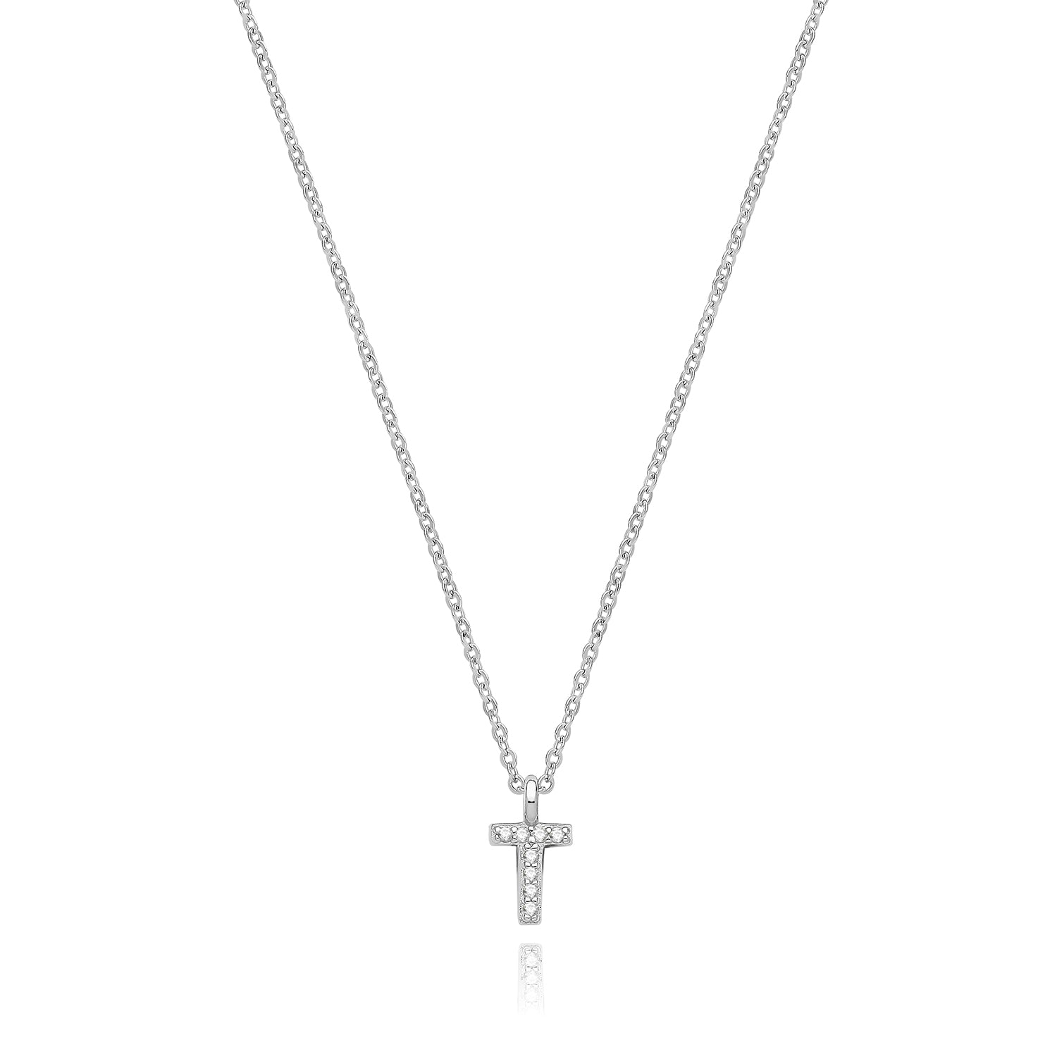 Initial Letter T Zirconia Necklace – Rhodium Plated Silver