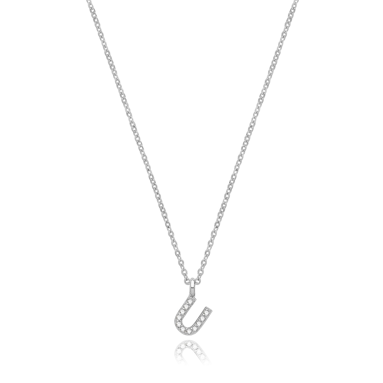 Initial Letter U Zirconia Necklace – Rhodium Plated Silver