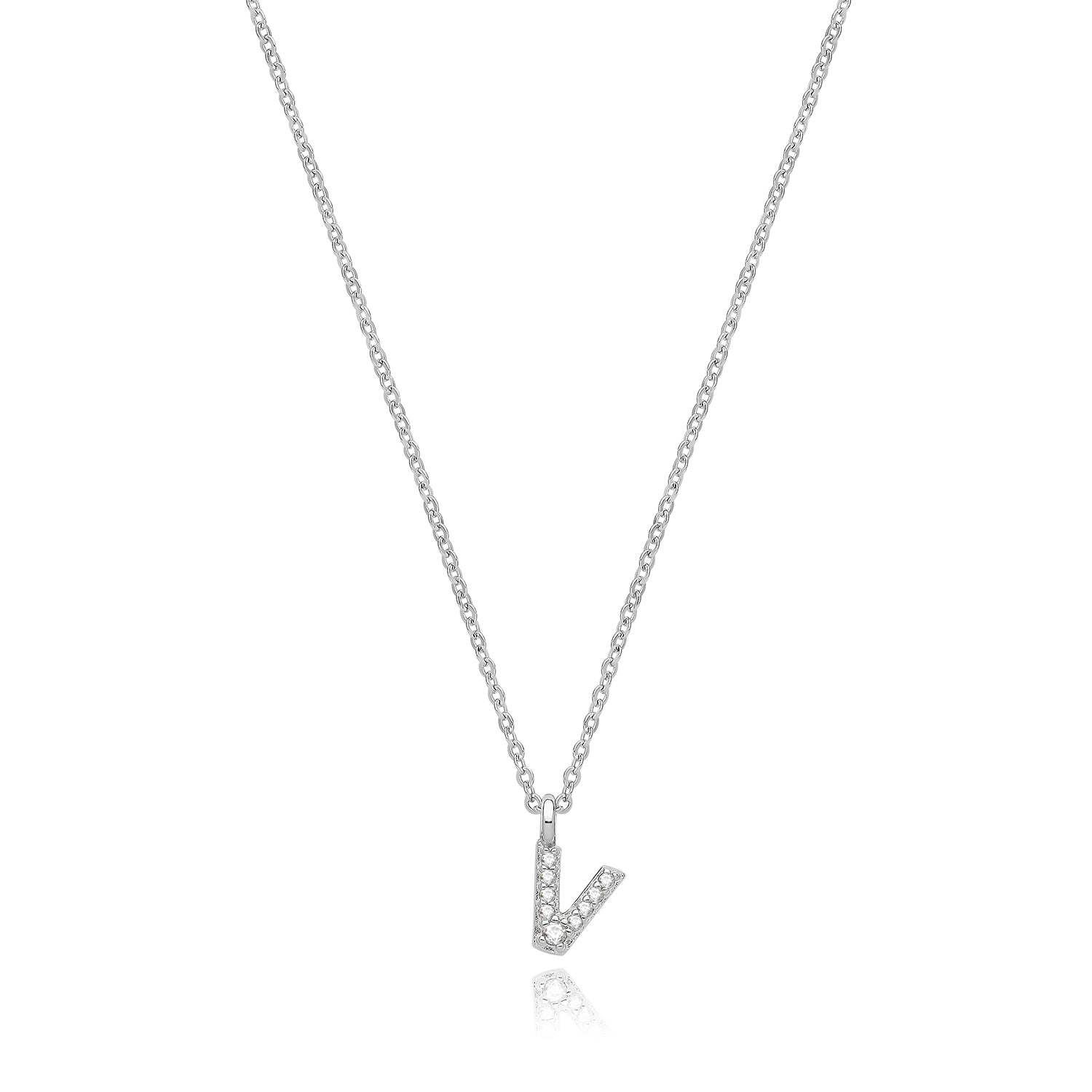 Initial Letter V Zirconia Necklace – Rhodium Plated Silver