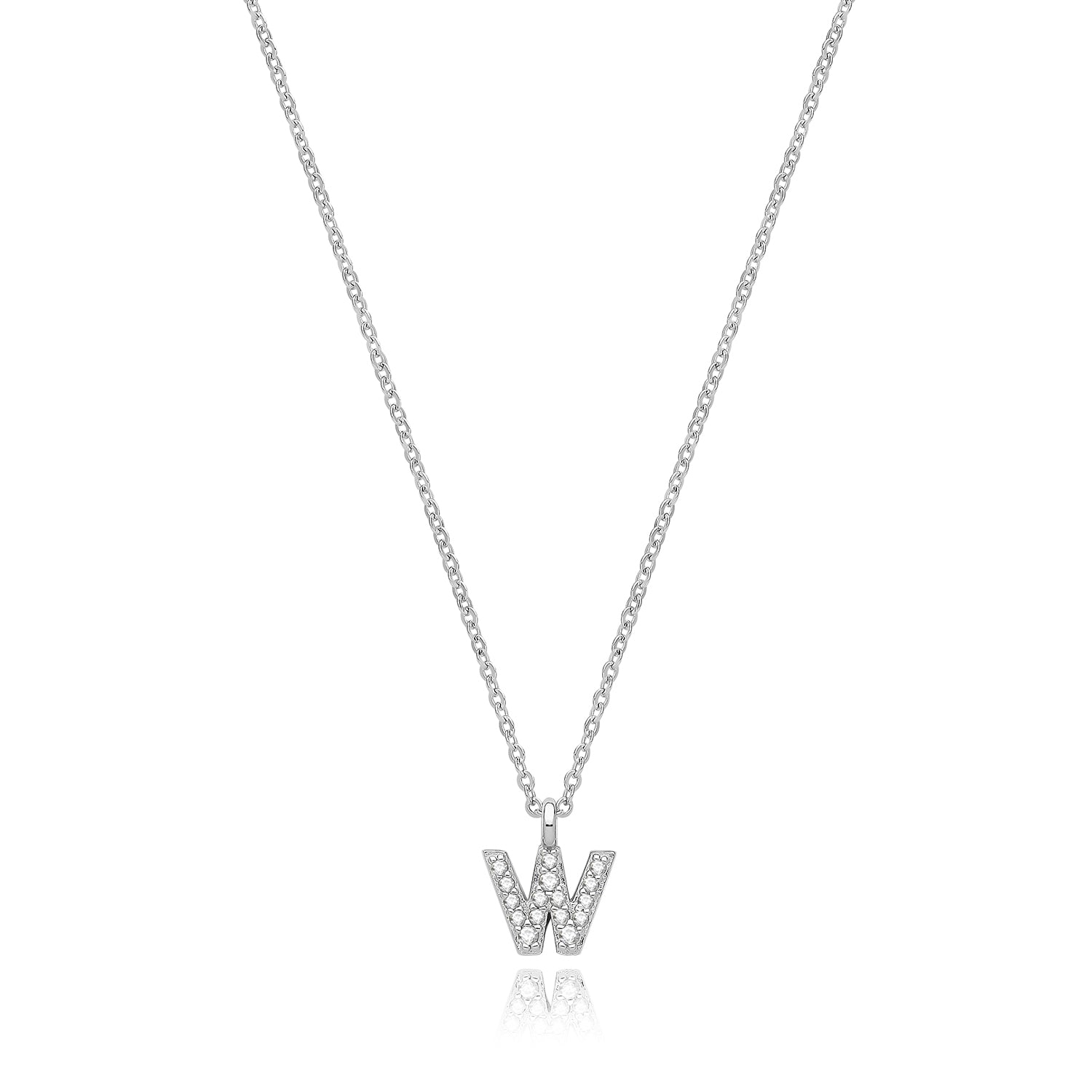 Initial Letter W Zirconia Necklace – Rhodium Plated Silver
