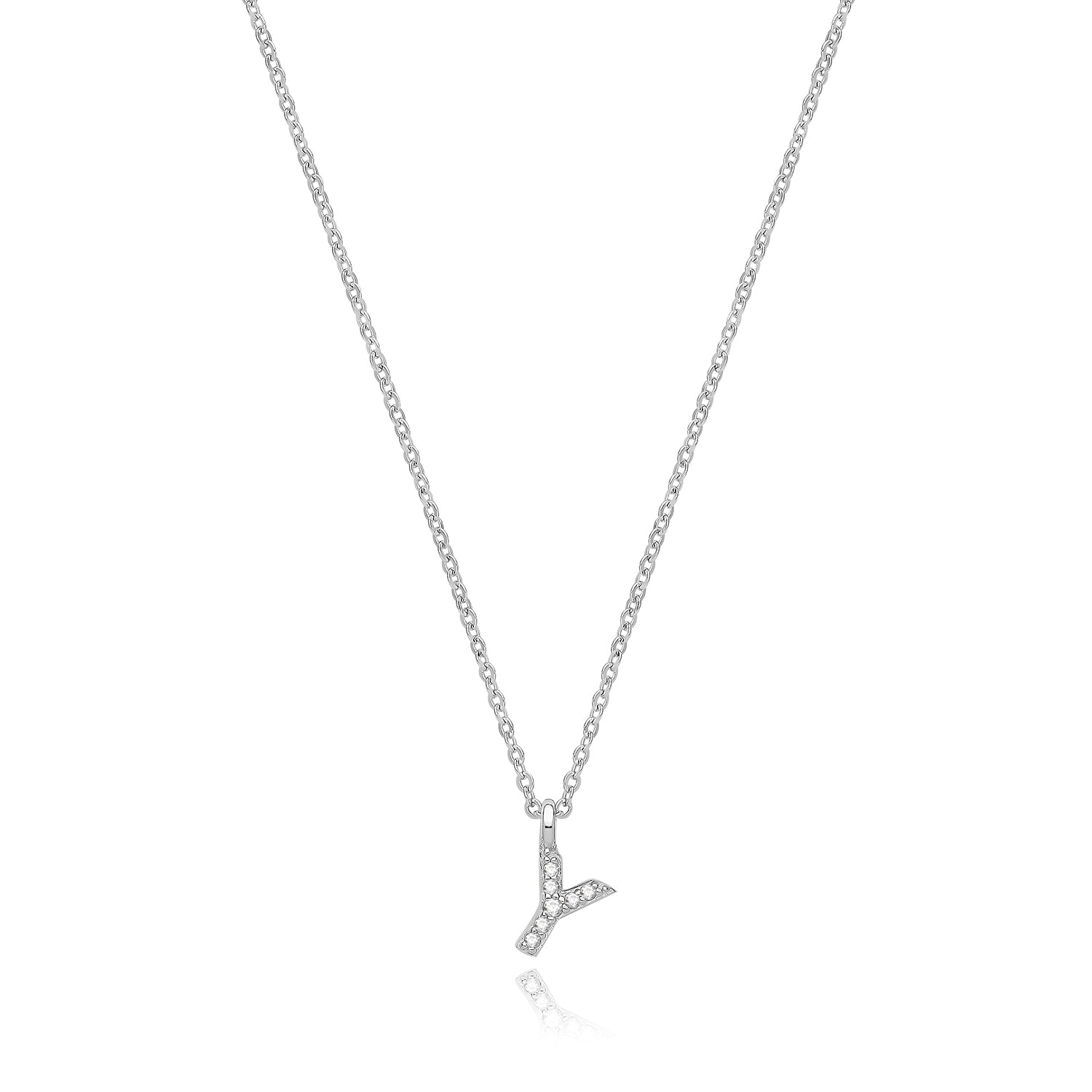 Initial Letter Y Zirconia Necklace – Rhodium Plated Silver