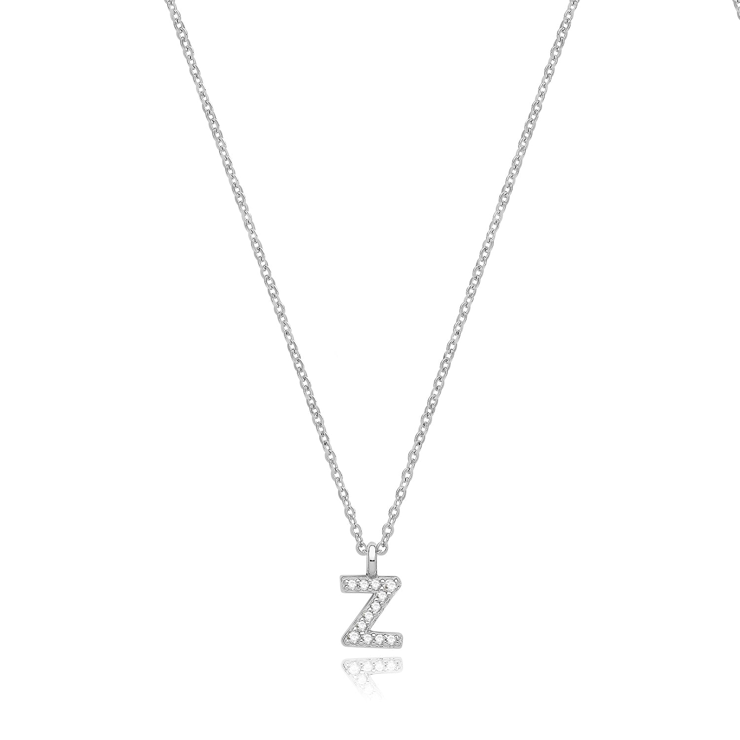 Initial Letter Z Zirconia Necklace – Rhodium Plated Silver