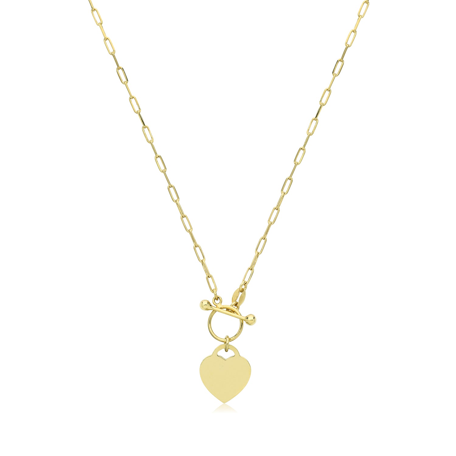 Paperclip T-Bar Chain & Heart Necklace - Yellow Gold Plated Silver