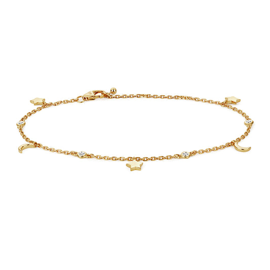 Stars & Moon Diamond Bracelet - Claw Clasp, 9k Yellow Gold