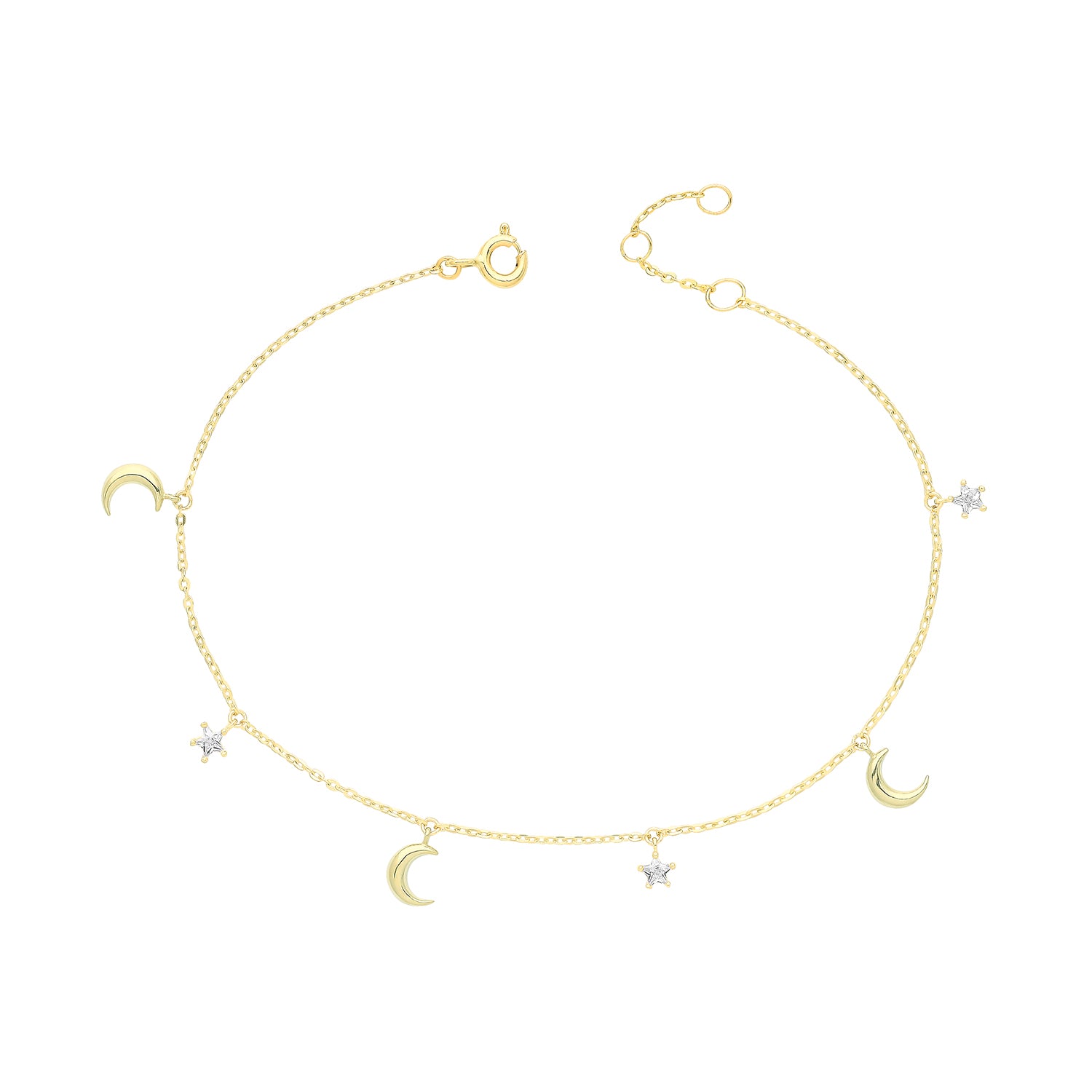 Star and Moon Cubic Zirconia Bracelet - 9k Yellow Gold