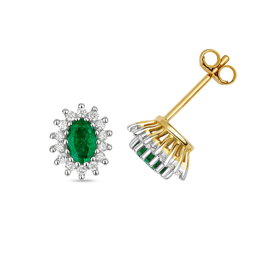 Victoria Emerald and Diamond Stud Earrings - 9k Yellow Gold, 1.18ct