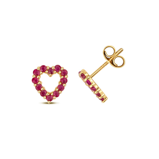 Love Heart Shaped Ruby Stud Earrings - 9k Yellow Gold