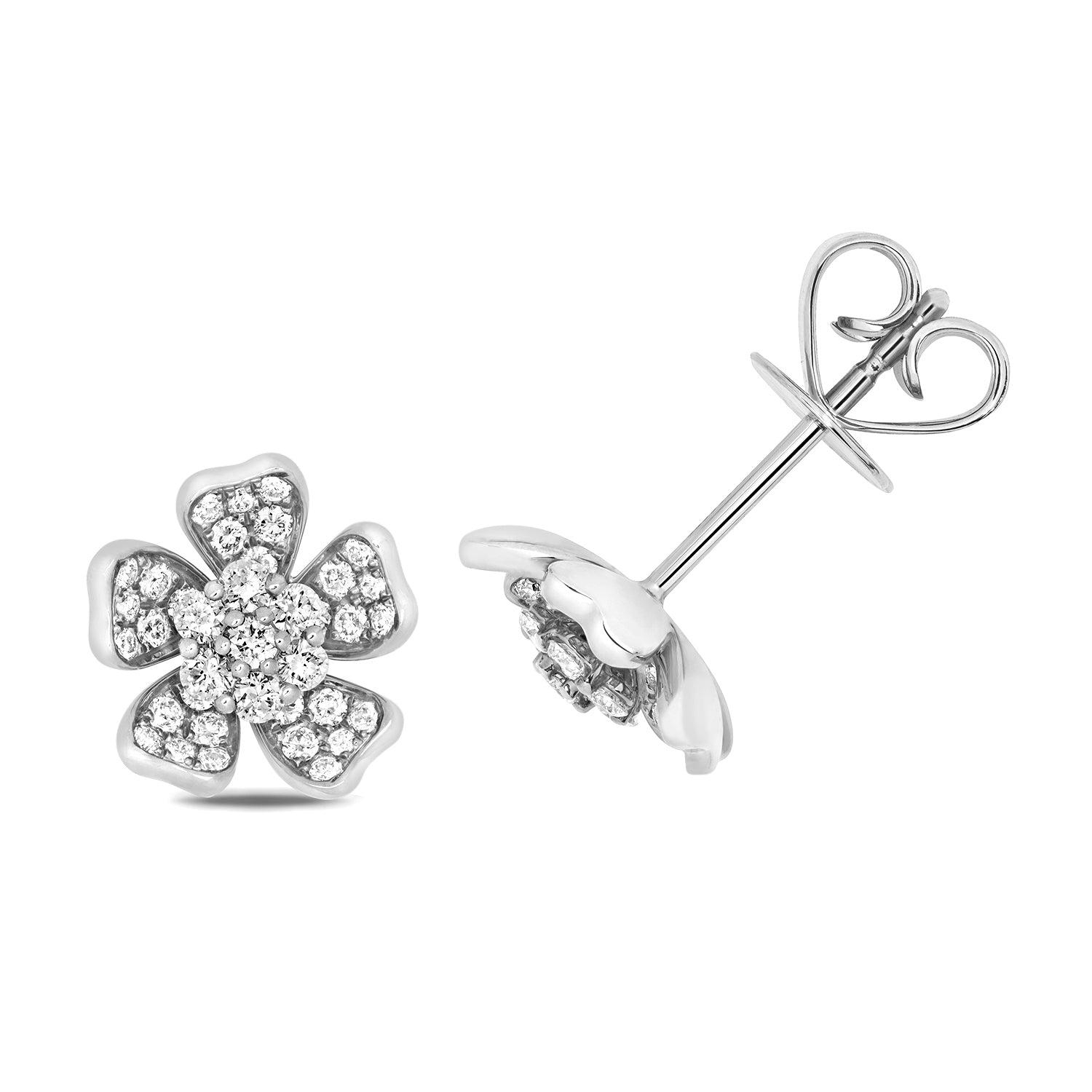 Diamond Flower Stud Earrings - 18k White Gold