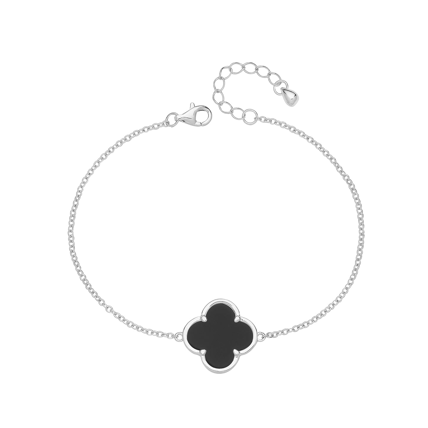 Vintage Prague Onyx Single Clover Bracelet - Rhodium Plated Silver