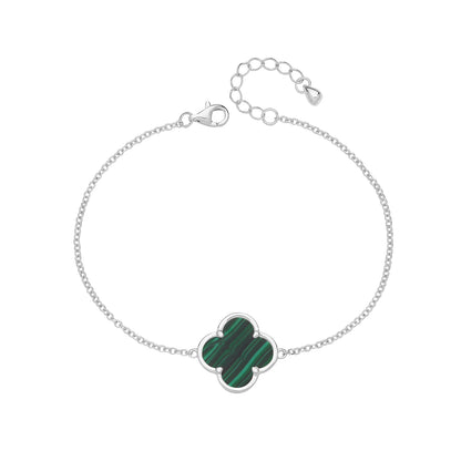 Vintage Prague Malachite Single Clover Bracelet - Rhodium Plated Silver