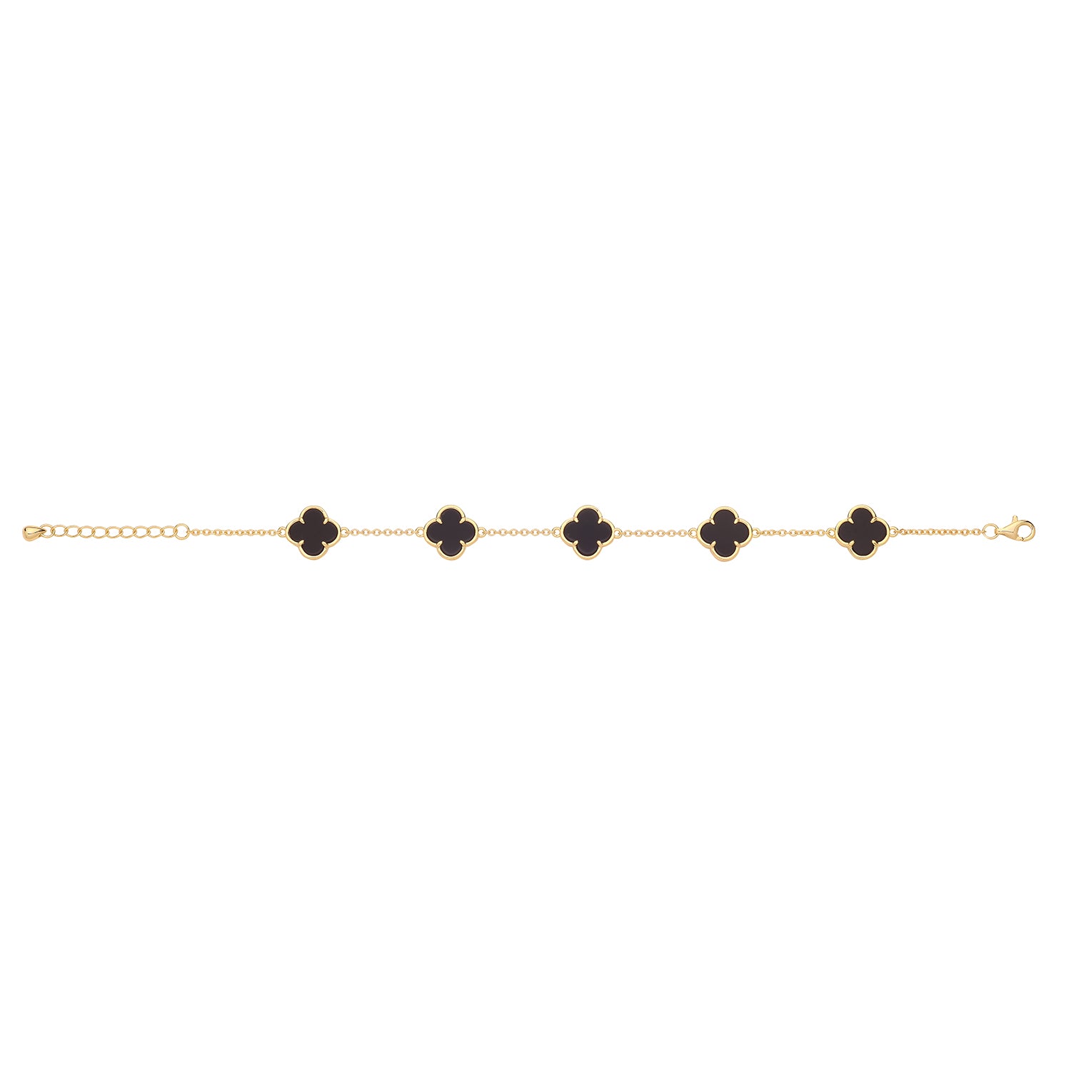 Vintage Prague Onyx Clover Bracelet - Yellow Gold Plated Silver