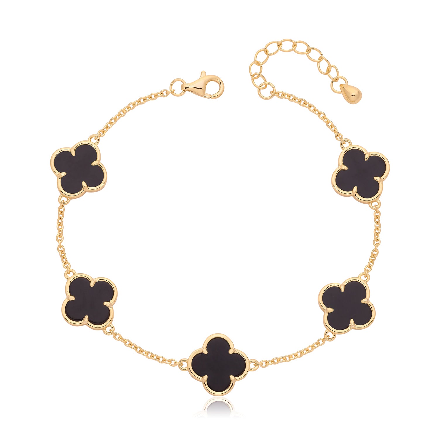 Vintage Prague Onyx Clover Bracelet - Yellow Gold Plated Silver