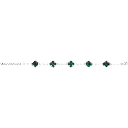 Vintage Prague Malachite Clover Bracelet - Rhodium Plated Silver