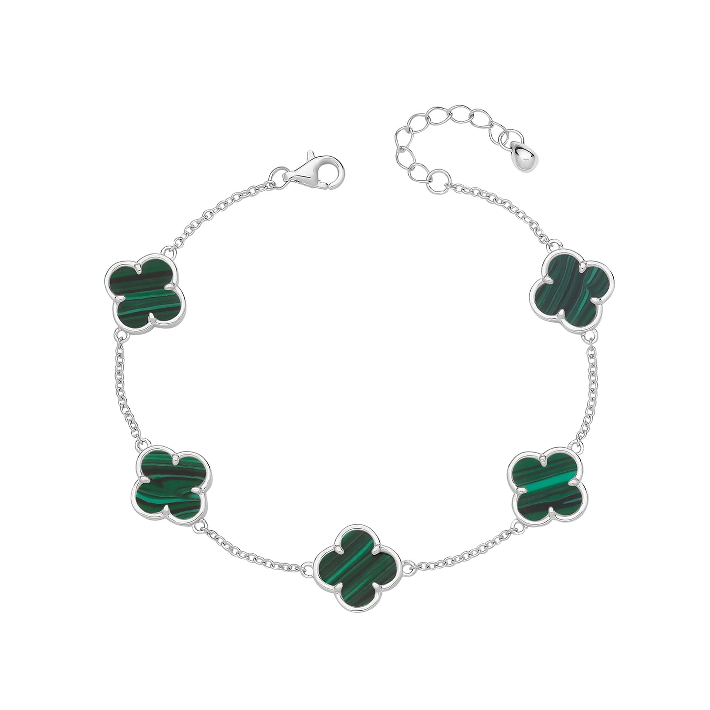 Vintage Prague Malachite Clover Bracelet - Rhodium Plated Silver