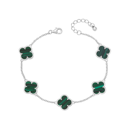 Vintage Prague Malachite Clover Bracelet - Rhodium Plated Silver