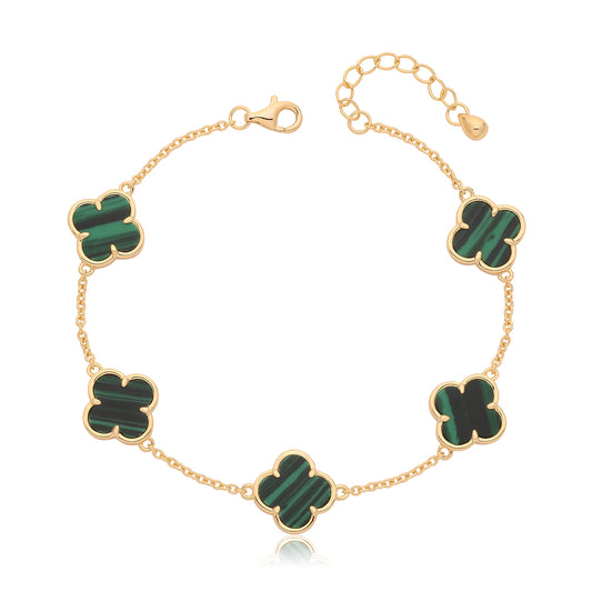 Vintage Prague Malachite Clover Bracelet - Gold Plated Silver