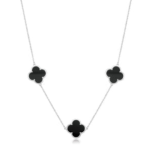 Vintage Prague Onyx Clover Necklace - Rhodium Plated Silver