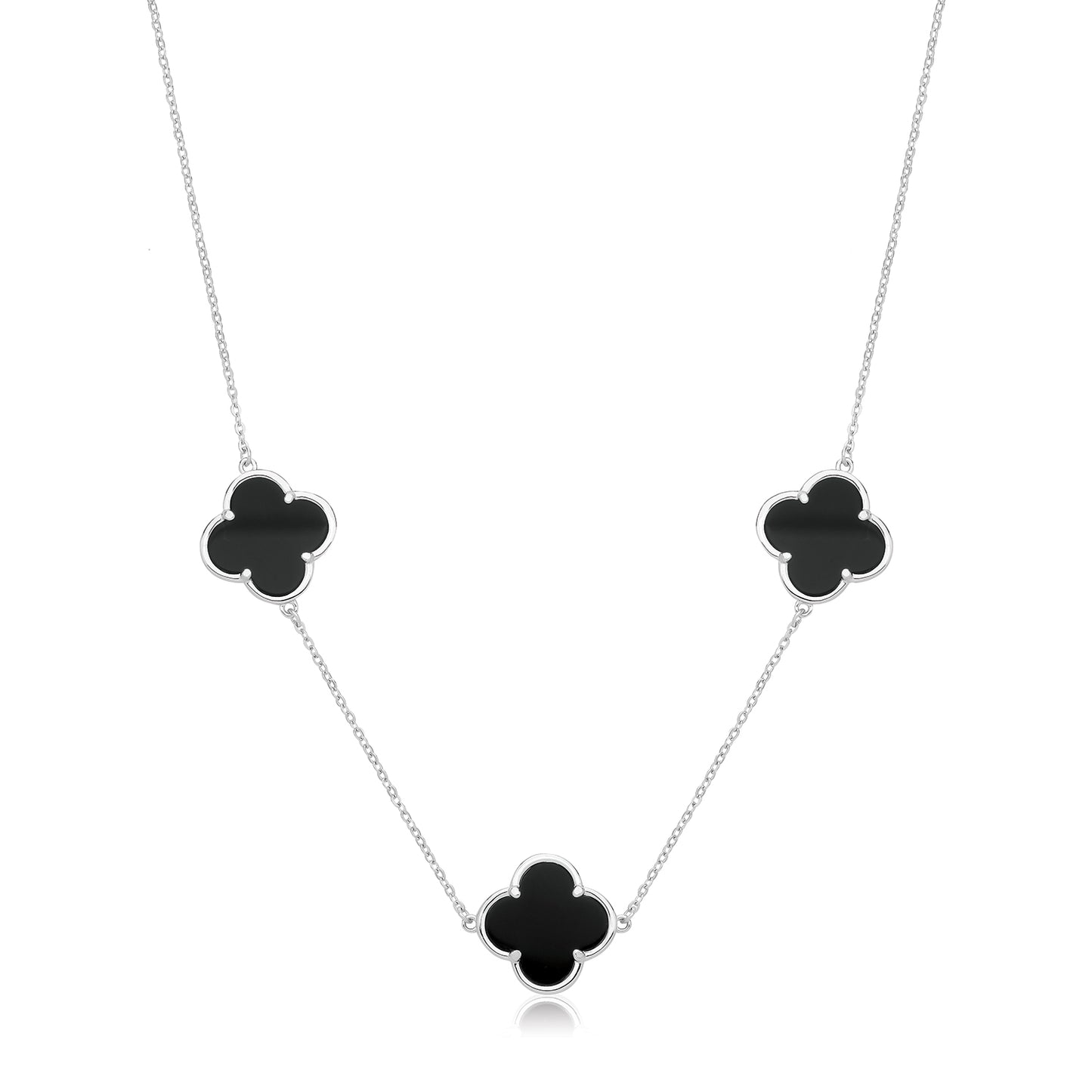 Vintage Prague Onyx Clover Necklace - Rhodium Plated Silver