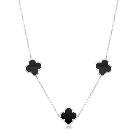 Vintage Prague Onyx Clover Necklace - Rhodium Plated Silver