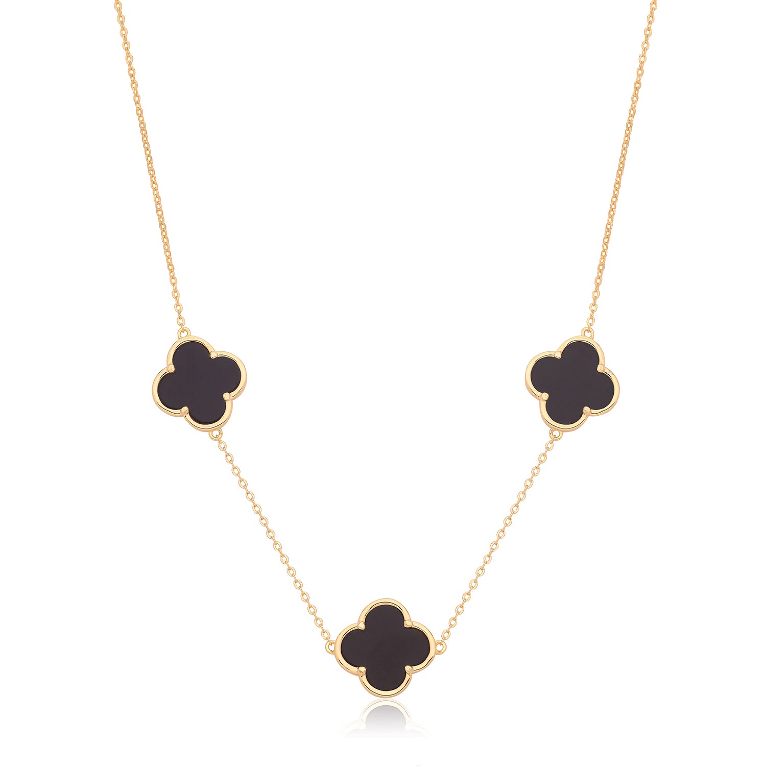 Vintage Prague Onyx Clover Necklace - Yellow Gold Plated Silver