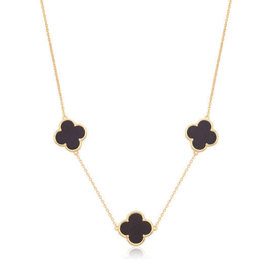 Vintage Prague Onyx Clover Necklace - Gold Plated Silver