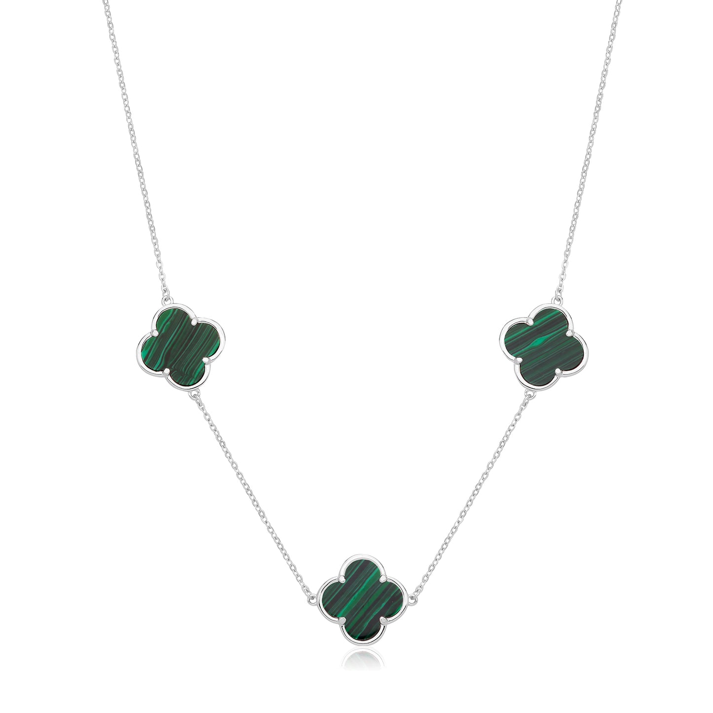 Vintage Prague Malachite Clover Necklace - Rhodium Plated Silver