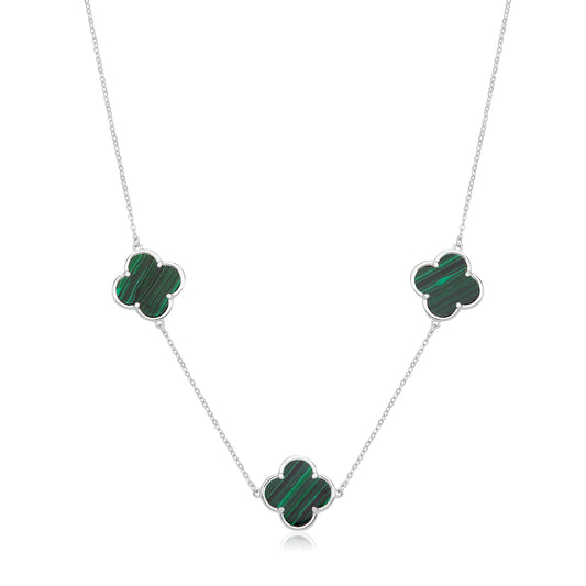 Vintage Prague Malachite Clover Necklace - Rhodium Plated Silver